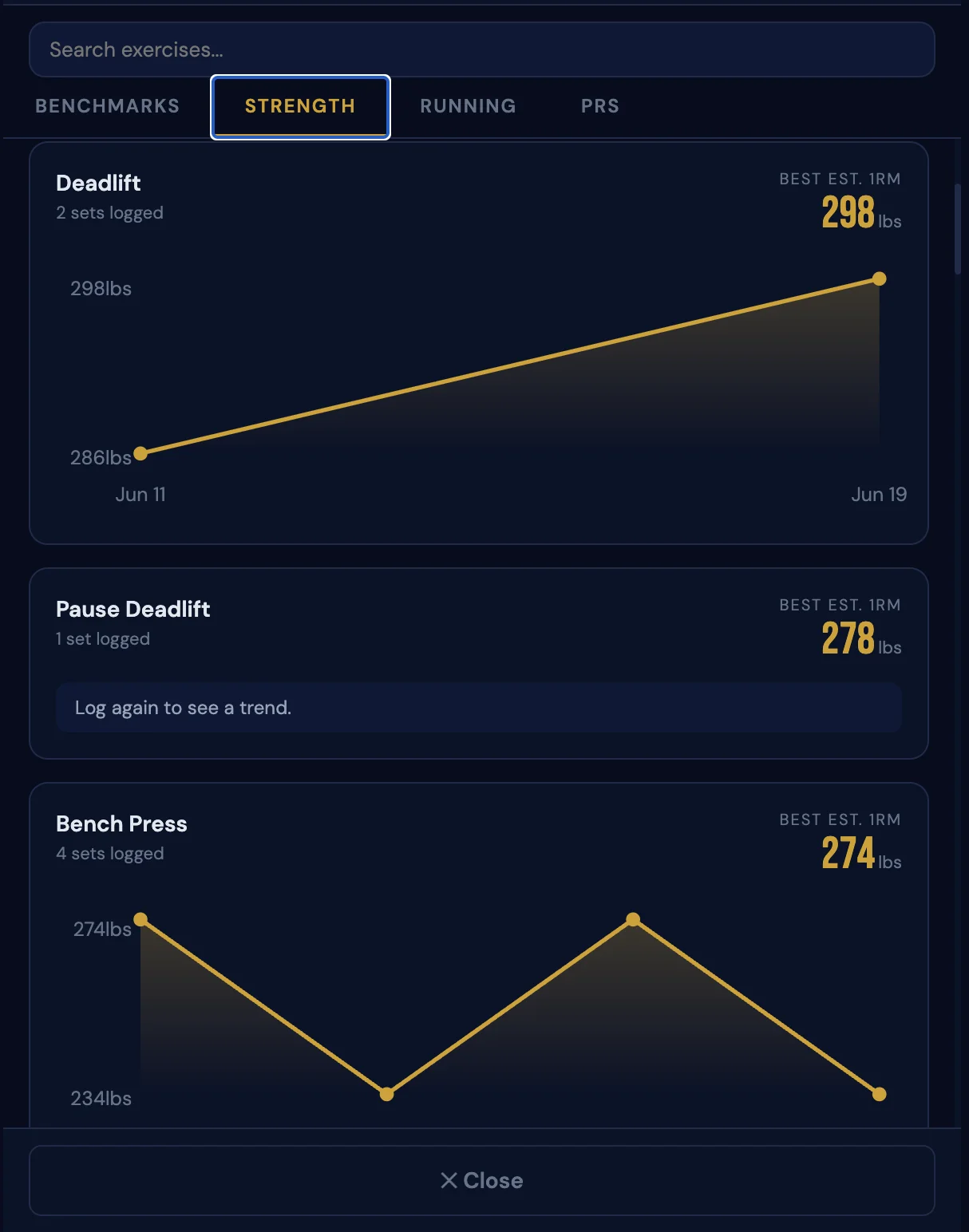 Elite Progress Tracking & e1RM — Wilco app screenshot