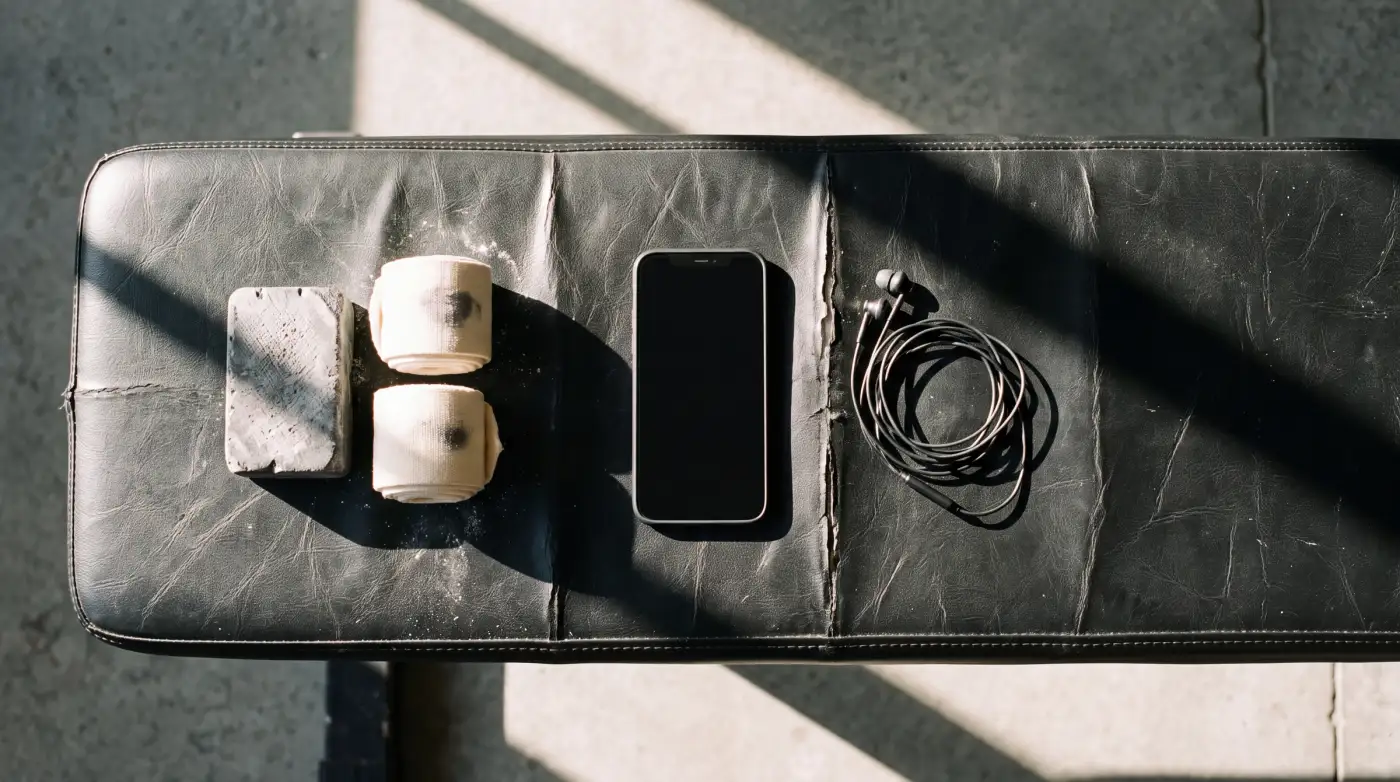 A phone lying on a weight bench beside chalk, wrist wraps and earbuds in hard afternoon sun
