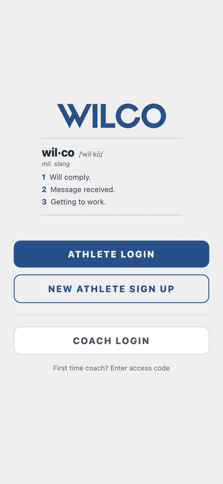 The WILCO app, before signing in