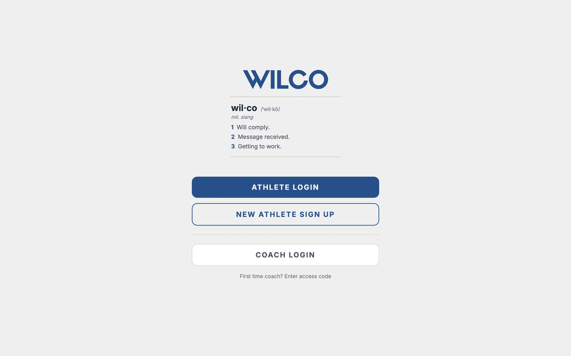 The WILCO app, before signing in